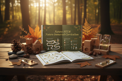 Luxury homeschool annual access mockup — open natureSTEM , PROBLEM SOLVING maps, play-based lesson ideas,natural materials on a forest table. Warm light, no screens. Title 'Full Year Nature-Immersed Curriculum' — premium, soulfu