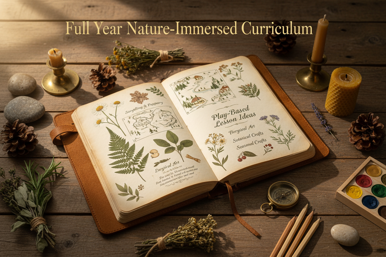 
"Luxury Waldorf homeschool annual access mockup with highly customized home lesson plans, future meets natura and old world, governess teacher — open nature journal with pressed flowers, hand-drawn maps, play-based lesson ideas, surrounded by natural materials on a forest table. Warm light, no screens. Title 'Full Year Nature-Immersed Curriculum' — premium, soulful."
Live Teaching Add-Ons & All-In