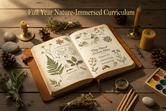 
"Luxury Waldorf homeschool annual access mockup with highly customized home lesson plans, future meets natura and old world, governess teacher — open nature journal with pressed flowers, hand-drawn maps, play-based lesson ideas, surrounded by natural materials on a forest table. Warm light, no screens. Title 'Full Year Nature-Immersed Curriculum' — premium, soulful."
Live Teaching Add-Ons & All-In