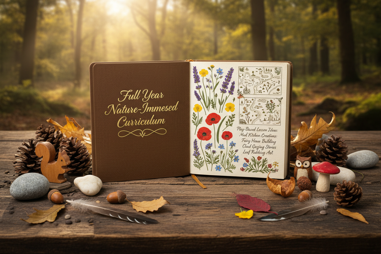 master teacher nature full year planning Luxury Waldorf homeschool annual access mockup — open nature journal with pressed flowers, hand-drawn maps, play-based lesson ideas, surrounded by natural materials on a forest table. Warm light, no screens. Title 'Full Year Nature-Immersed Curriculum' — premium, soulfu