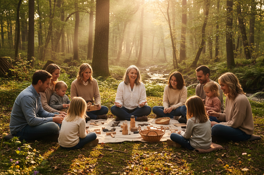 Premium family with Master Teacher in nature circle (golden light, play-based)
Open curriculum book with hand-drawn rhythm + portfolio mockup
Joyful children in forest learning session (no screens)
