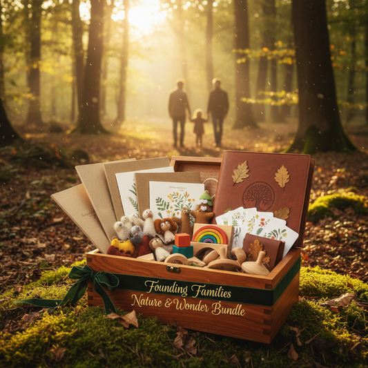 Product 3: Founding Families Annual Bundle – $1,500
Image Prompt:
"Premium Waldorf homeschool annual bundle mockup — beautiful wooden box filled with nature journals, wool felt stories, wooden toys, rhythm cards, and portfolio book. Golden light in forest setting, family silhouette in background. Title 'Founding Families Nature & Wonder Bundle' — luxurious yet earthy feel."