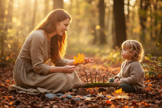 Waldorf master teacher in golden hour forest session with child — teacher kneeling, guiding hands-on nature play (storytelling with natural objects, no screens). Warm light, joyful expression, premium intimate guidance feel."