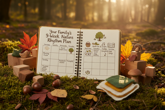 "Waldorf nature play homeschool quarterly plan mockup — open planner on forest floor with natural materials (acorns, leaves, wool felt, wooden blocks). Warm golden hour light, hand-drawn rhythm chart, play-based activities. Title 'Your Family’s 9-Week Nature Rhythm Plan' in organic font. Calm, inviting, screen-free."